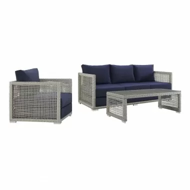 Modway Aura 3 Piece Outdoor Patio Wicker Rattan Set - Gray Navy - Set in Front Side Angle