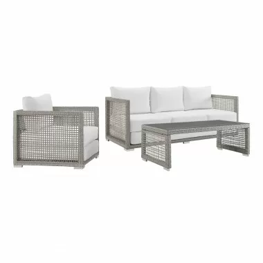 Modway Aura 3 Piece Outdoor Patio Wicker Rattan Set - Gray White - Set in Front Side Angle