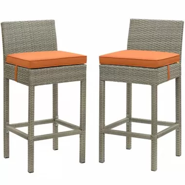 Modway Conduit Bar Stool Outdoor Patio Wicker Rattan in Light Gray Orange - Set of Two - Set in Front Angle