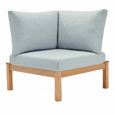 Modway Freeport Karri Wood Sectional Sofa Outdoor Patio Corner Chair - Natural Light Blue - Front Angle