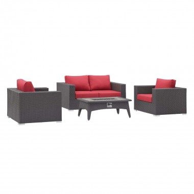 Modway Convene 4 Piece Set Outdoor Patio with Fire Pit - Espresso Red - Set in Front Side Angle