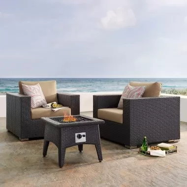 Modway Convene 3 Piece Set Outdoor Patio with Fire Pit in Espresso Mocha - Lifestyle