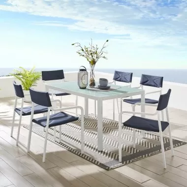 Modway Raleigh 7 Piece Outdoor Patio Aluminum Dining Set in White Navy - Lifestyle