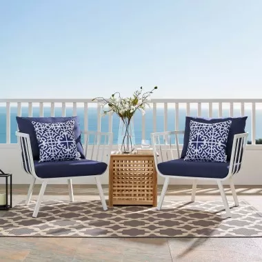 Riverside Outdoor Patio Aluminum Armchair in White Navy - Lifestyle