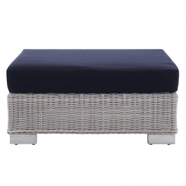 Modway Conway Sunbrella® Outdoor Patio Wicker Rattan Ottoman in Light Gray Navy - Front Angle