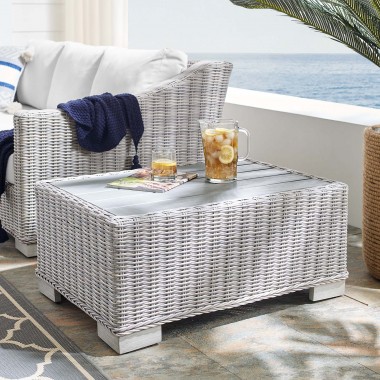 Modway Conway Outdoor Patio Wicker Rattan Coffee Table in 32"/45'' - Light Gray - Lifestyle
