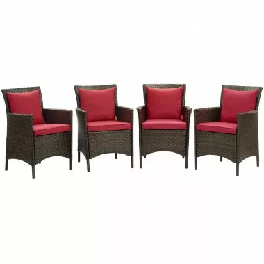 Modway Conduit Outdoor Patio Wicker Rattan Dining Armchair in Brown Red - Set of Four - Set in Front Angle