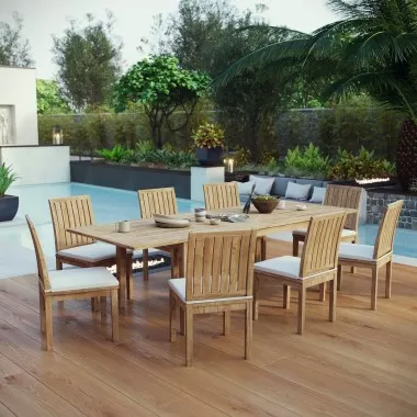 Modway Marina 9 Piece Outdoor Patio Teak Dining Set - Natural White - Lifestyle