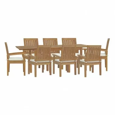 Modway Marina 9 Piece Outdoor Patio Teak Dining Set - Natural White - Set in Front Side Angle