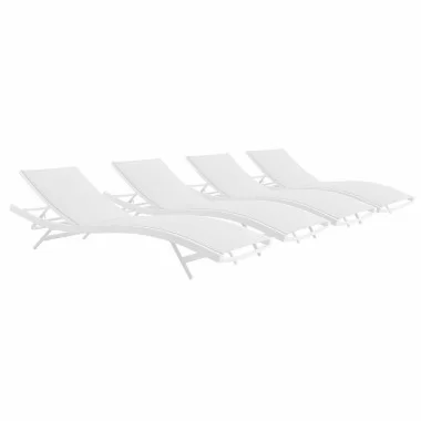 Modway Glimpse Outdoor Patio Mesh Chaise Lounge in White White - Set of Four - Set Reclined in Front Side Angle