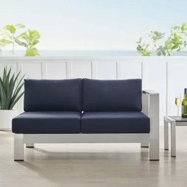 Modway Shore Sunbrella® Fabric Aluminum Outdoor Patio Right-Arm Loveseat in Silver Navy - Lifestyle