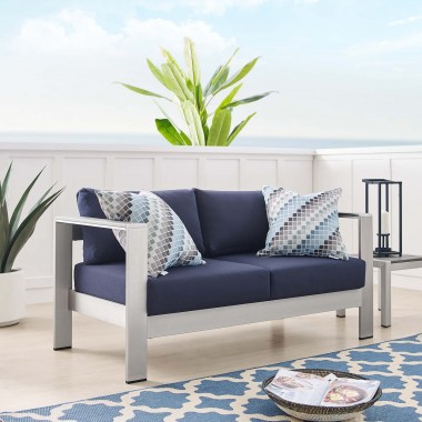 Modway Shore Sunbrella® Fabric Aluminum Outdoor Patio Loveseat in Silver Navy - Lifestyle