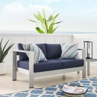 Modway Shore Sunbrella® Fabric Aluminum Outdoor Patio Loveseat in Silver Navy - Lifestyle