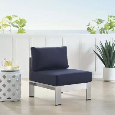 Modway Shore Sunbrella® Fabric Aluminum Outdoor Patio Armless Chair in Silver Navy - Lifestyle
