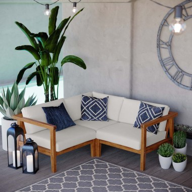 Modway Bayport Outdoor Patio Teak Wood 3-Piece Sectional Sofa Set - Natural White - Lifestyle
