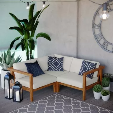 Modway Bayport Outdoor Patio Teak Wood 3-Piece Sectional Sofa Set - Natural White - Lifestyle