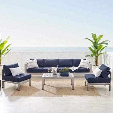 Modway Shore Sunbrella® Fabric Outdoor Patio Aluminum 5 Piece Sectional Sofa Set - Silver Navy -  Lifestyle