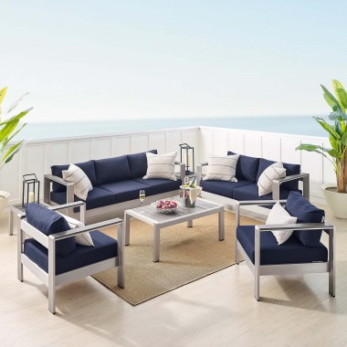 Modway Shore Sunbrella® Fabric Outdoor Patio Aluminum 7 Piece Set - Silver Navy - Lifestyle