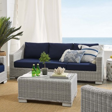 Modway Conway Sunbrella® Outdoor Patio Wicker Rattan 4-Piece Furniture Set in Light Gray Navy - Lifestyle