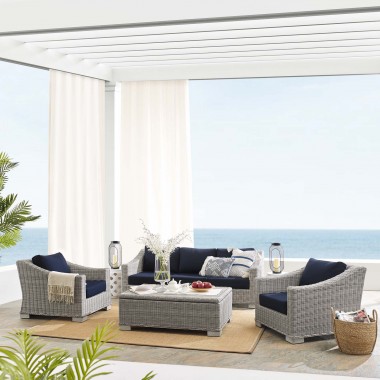 Modway Conway Sunbrella® Outdoor Patio Wicker Rattan 4-Piece Furniture Set in Light Gray Navy - Lifestyle