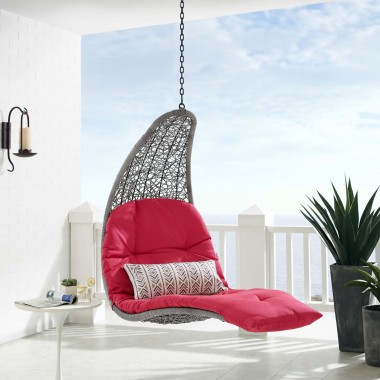 Modway Landscape Hanging Chaise Lounge Outdoor Patio Swing Chair in Light Gray Red - Lifestyle