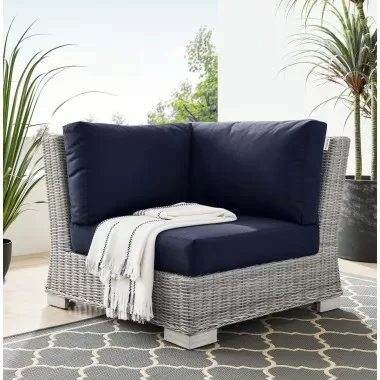 Modway Conway Outdoor Patio Wicker Rattan Corner Chair in Light Gray Navy - Lifestyle