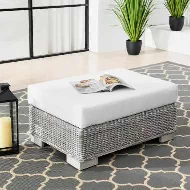 Modway Conway Outdoor Patio Wicker Rattan Ottoman in Light Gray White - Lifestyle