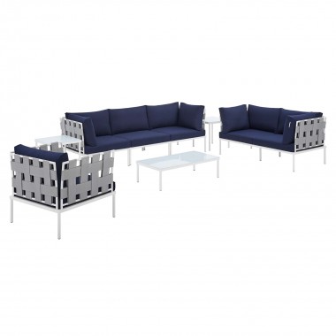 Modway Harmony 8-Piece Sunbrella® Outdoor Patio Aluminum Seating Set - Gray Navy - Set in Front Side Angle
