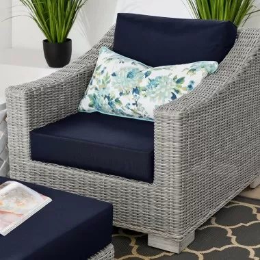 Modway Conway Outdoor Patio Wicker Rattan 2-Piece Armchair and Ottoman Set - Light Gray Navy - Lifestyle