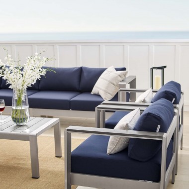 Modway Shore Sunbrella® Fabric Outdoor Patio Aluminum 8 Piece Sectional Sofa Set - Silver Navy - Lifestyle