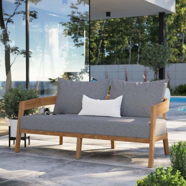 Modway Brisbane Teak Wood Outdoor Patio Loveseat in Natural Gray - Lifestyle