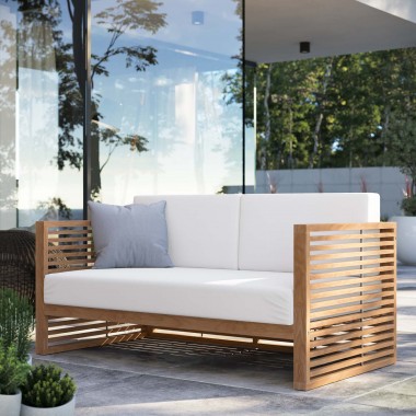 Modway Carlsbad Teak Wood Outdoor Patio Loveseat - Natural White - Lifestyle