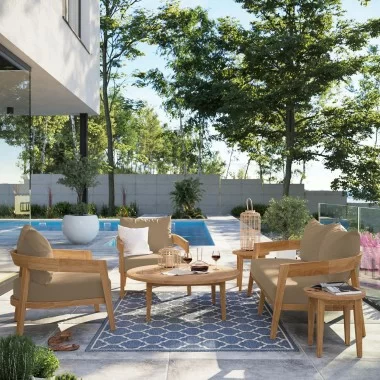 Modway Brisbane 6-Piece Teak Wood Outdoor Patio Set in Natural Light Brown - Lifestyle