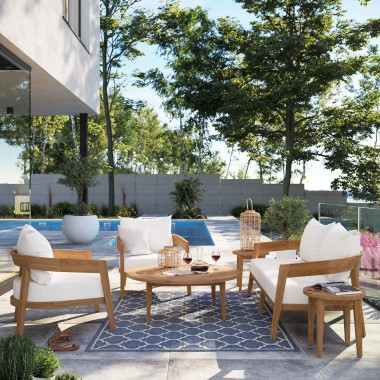 Modway Brisbane 6-Piece Teak Wood Outdoor Patio Set - Natural White - Lifestyle