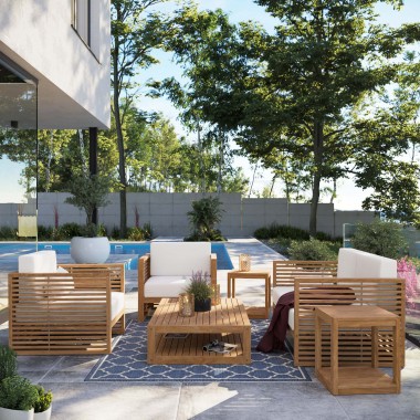 Modway Carlsbad 6-Piece Teak Wood Outdoor Patio Set - Natural White - Lifestyle