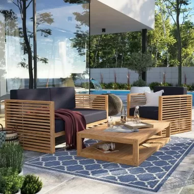 Modway Carlsbad 3-Piece Teak Wood Outdoor Patio Set in Natural Navy - Lifestyle