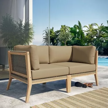 Modway Clearwater Outdoor Patio Teak Wood Loveseat in Gray Light Brown - Lifestyle