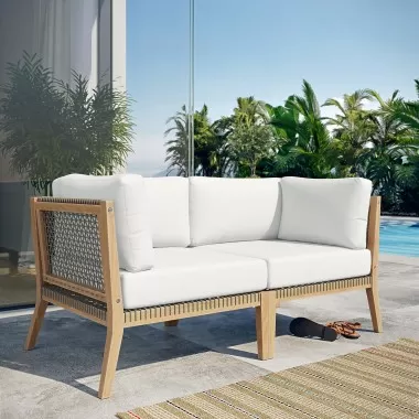 Modway Clearwater Outdoor Patio Teak Wood Loveseat in Gray White- Lifestyle