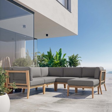 Modway Clearwater Outdoor Patio Teak Wood 6-Piece Sectional Sofa - Gray Graphite - Lifestyle