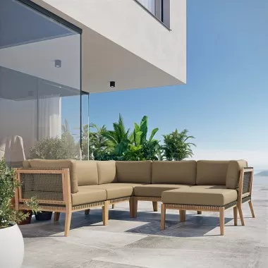 Modway Clearwater Outdoor Patio Teak Wood 6-Piece Sectional Sofa - Light brown - Lifestyle