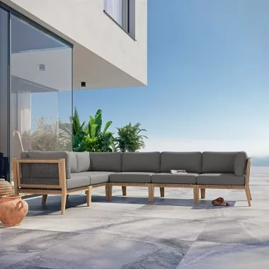 Modway Clearwater Outdoor Patio Teak Wood 6-Piece Sectional Sofa - Gray Graphite - Lifestyle