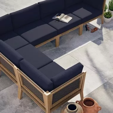 Modway Clearwater Outdoor Patio Teak Wood 6-Piece Sectional Sofa - Gray Navy - Lifestyle