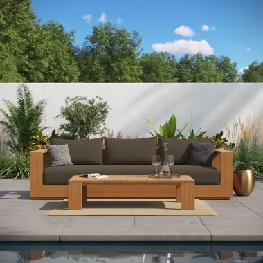 Modway Tahoe 2-Piece Outdoor Patio Acacia Wood Sofa and Coffee Table Set 