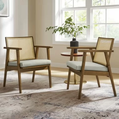 Modway Thera Vegan Leather and Cane Accent Armchairs Set of 2 Gray