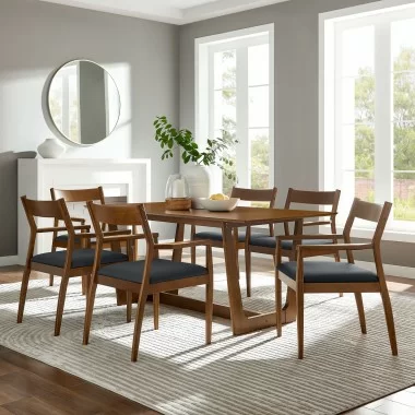 Modway Solara 7-Piece Wood Dining Set with Vegan Leather Armchairs
