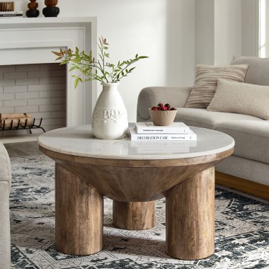 Modway Ellison 33" Round Wood Coffee Table With Marble Top 