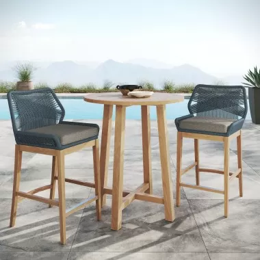 Modway Wellspring 3-Piece Outdoor Patio Teak Wood Bar Set Blue