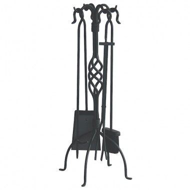 Mr. Bar-B-Q UniFlame® 5 Piece Black Wrought Iron Fireset with Center Weave with Crook Handles
