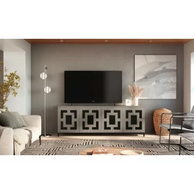 Furnitech Isabella 8Furnitech Isabella 86" Stunning Oak Media Console In A Whimsical Coastal Grey Finish - lifestyle6" Stunning Oak Media Console In A Whimsical Coastal Grey Finish - angled