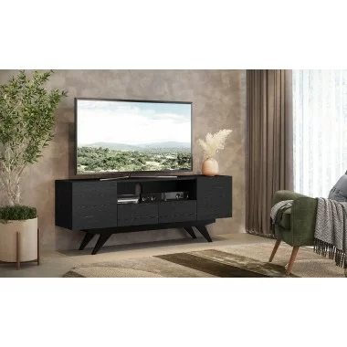 Furnitech Maxwell 78" Mid-Century Modern Oak Media Console With An Ebony Finish - lifestyle